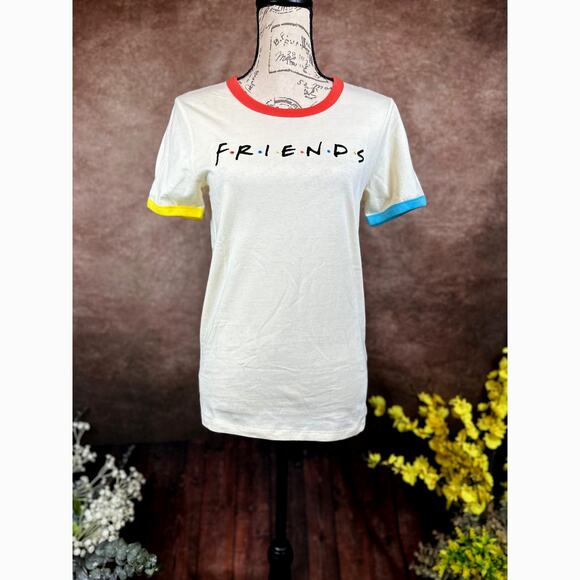 Friends Rainbow T-shirt Beige with Multicolor Neck and Cuffs M - Picture 5 of 8